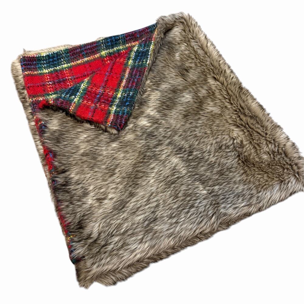 Pottery Barn Stewart Plaid Faux Fur Back Throw Throw Blanket Red Yellow 50x60 - Picture 4 of 7